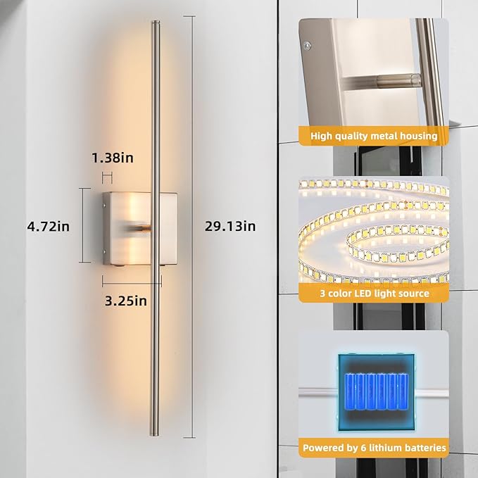 Rechargeable Battery Operated Wall Sconces set of 2, Brushed Nickel Wireless Wall Sconce with Remote Control, 3000K-6000K Dimmable LED Wall Light for Living Room Hallway Bedroom Stairs, 29 Inchs - Bloomnest