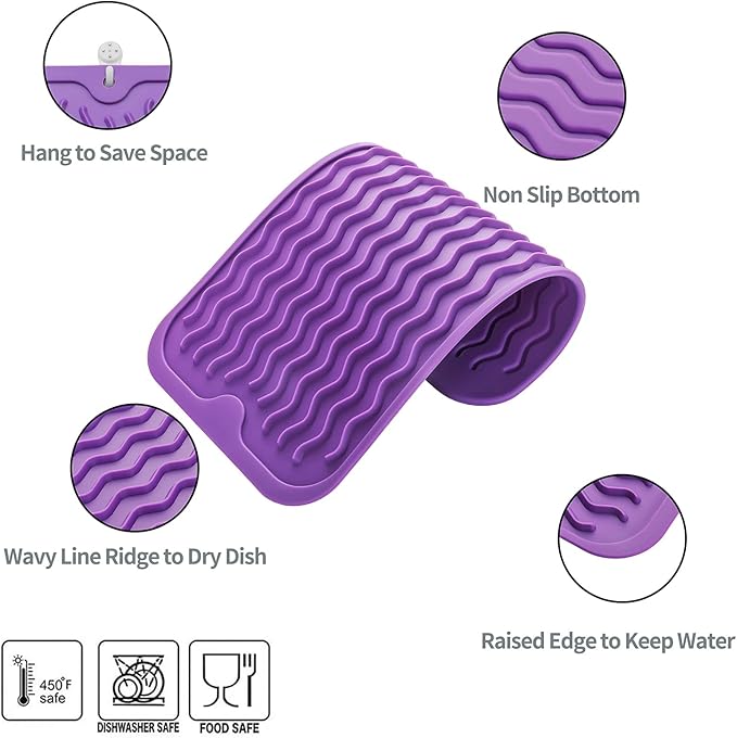 Silicone Dish Drying Mat for Multiple Usage,Easy clean,Eco-friendly,Heat-resistant Silicone Mat for Kitchen Counter or Sink,Refrigerator or Drawer Liner Purple S 12 inches x 6 inches - Bloomnest