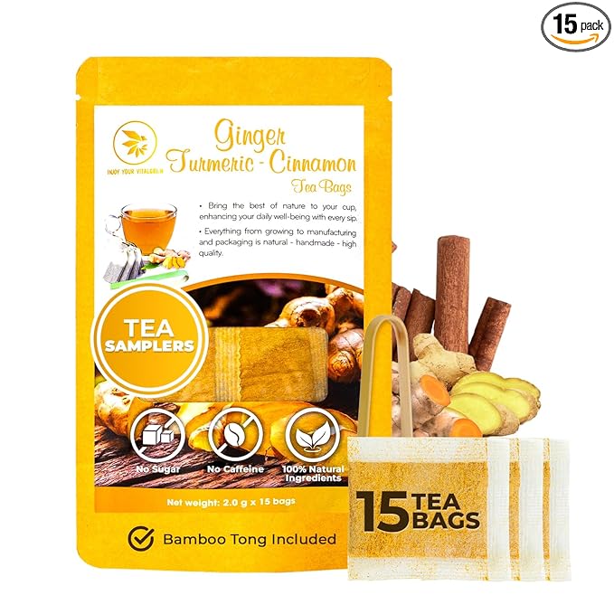 Ginger Cinnamon Turmeric Tea Samplers - 15 Count, Mini Tea Bags, Bamboo Tong Included, Re-Steep Corn Based Tea Bags, No Sugar Added, Natural Herbal Tea for Body Warm, Relax, Refreshing - Bloomnest