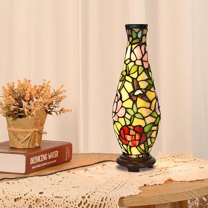 A0010 Tiffany Style Vase Table Lamp LED with 3 Lighting Modes and 10 Brightness Dimming, Handmade Stained Glass Accent Lamp for Bedside Livingroom Bedroom Home Decoration - Bloomnest