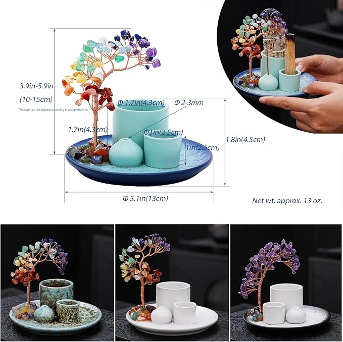 5 in 1 Incense Burner Holder with Crystal Tree for Burning Palo Santo Stick, Sage, Incense Sticks, Candle, Ceramic Tray Ash Catcher, Meditation Gift (Sky-Blue) - Bloomnest