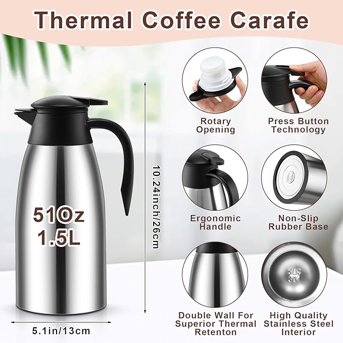 Norme 2 Pcs Thermal Coffee Carafe Insulated Stainless Steel Coffee Carafe for Hot Liquid Vacuum Thermal Pot Creamer Pitcher Dispenser with Brushes Keeping Hot Water Milk(Silver,51 oz) - Bloomnest