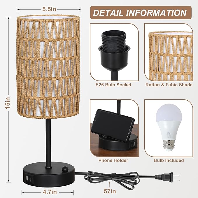 Touch Table Lamp Set of 2 For Bedroom with Bulb, Boho Small Desk Lamp For Living Room With Rattan & Linen Shade, 3 Way Dimmable Bedside Table Lamp For Nightstand With USB Charging Port & Phone Stand - Bloomnest
