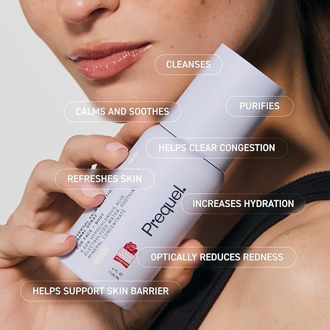 Prequel Skin Universal Skin Solution Hypochlorous Acid Spray for Face and Body. Fine Mist HOCL Facial Cleanser and Dermal Spray with Minerals & Electrolyzed Water - pH-Stabilized Care. 4oz