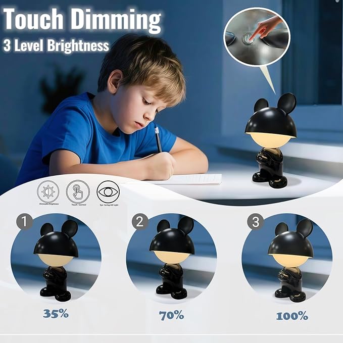 Night Light | Mini Desk Lamp | Table Lamps for Night Stands LED Cool Shape 3 Level Dimmable Touch Light with Rechargeable Battery for Bedside Living Room Home Decor Christmas Gifts(Black) - Bloomnest