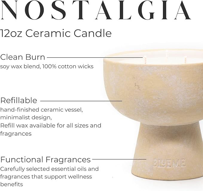 BLUEME Nostalgia - Bergamot & Musk, Luxury Candle w/Essential Oils, 3 Wick, Hand-Poured Soy, Cotton Wick, Ceramic - Bloomnest
