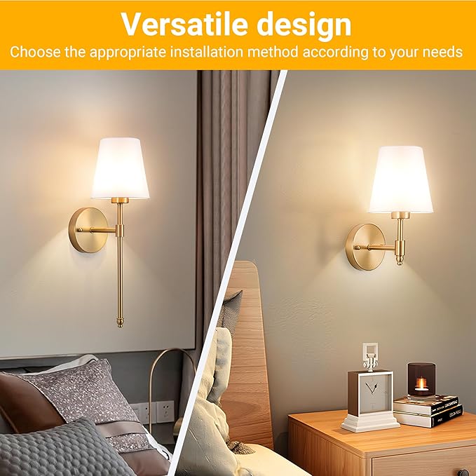 Battery Operated Wall Sconce: Peel and Stick Adhesives Stick On Non Drill Wall Light, Rechargeable Wireless Wall Lamp with Battery Corn Bulb for Bedroom Wall Decor (Gold,20inch) - Bloomnest