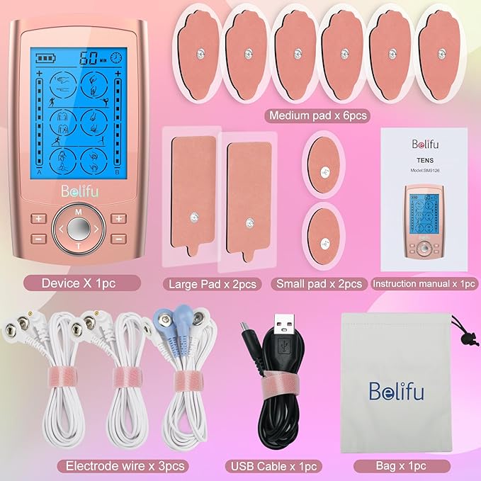 Belifu Dual Channel TENS EMS Unit 24 Modes Muscle Stimulator for Pain Relief Therapy, Electronic Pulse Massager Muscle Massager with 10 Pads, Dust-Proof Drawstring Storage Bag Belifu