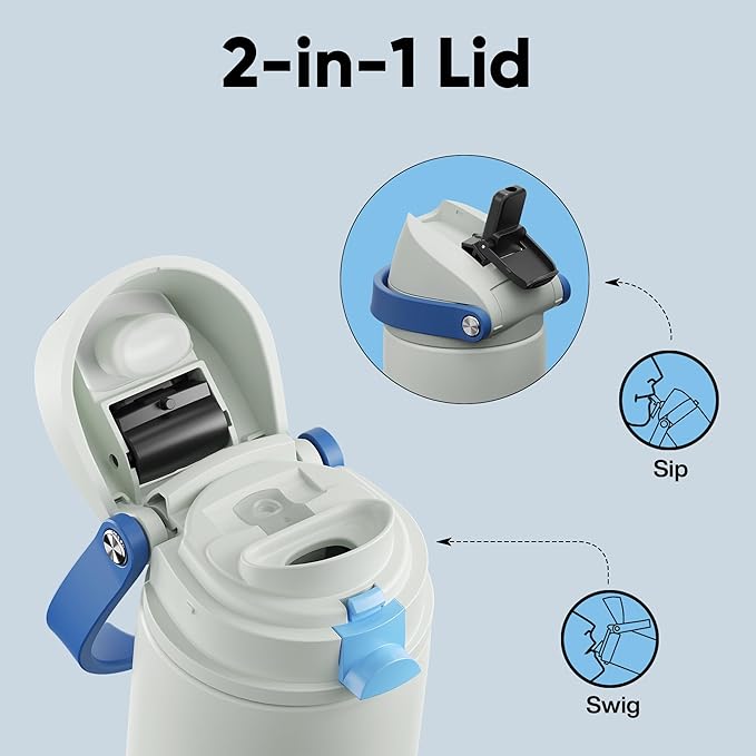 Insulated Water Bottle with Straw - Encool Stainless Steel Water Bottle with Push Button Lid, Leak-Proof & BPA-Free, Keeps Cold for 24 Hours for Sports, Travel, Gym (24 oz, Quill Grey-Blue) ENCOOL