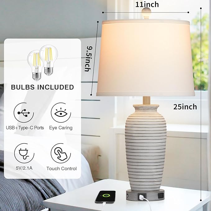 25" Farmhouse Jar Table Lamps Set of 2, 3 Way Touch Control Rustic Bedside Lamps with USB A+C Ports & AC Outlet, Pot Nightstand Lamps for Bedroom Living Room (LED Bulbs Included) - Bloomnest
