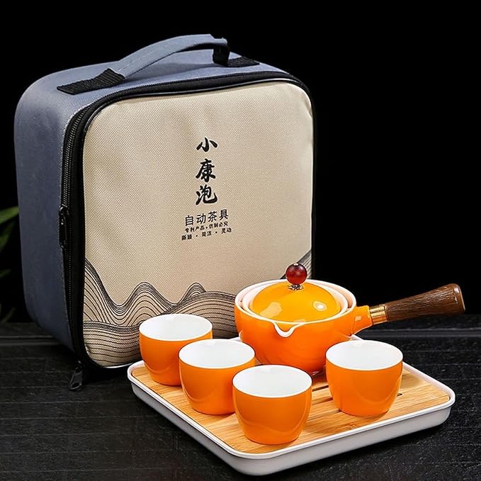 Ceramic Portable Travel Tea Set, Chinese Kungfu Tea Set with 360 Rotation Teapot and Infuser, 4 Tea Cups, Tea Tray And Travel Bag (Yellow)