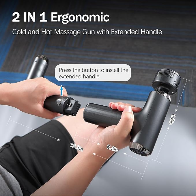 2 in 1 Mini Massage Gun with Extended Handle, B361 Hot and Cold Deep Massager Tissue Back Massage for Athletes for Pain Relief, Handheld Muscle Massager with Carry Case &Silent Brushless Motor - Bloomnest