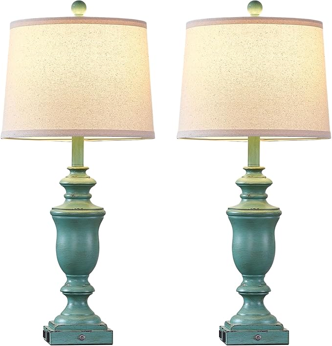 27.5" Set of 2 Farmhouse Table Lamps for Bedroom, 3 Way Dimmable Bedside Lamp with 2 USB +AC Outlet Nightstand Lamps for Living Room Resin Rustic Touch Lamps (Antique Green) - Bloomnest