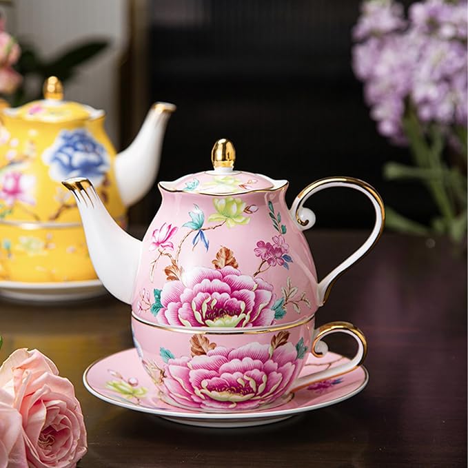 ACMLIFE Tea for One Teapot and Cup, Vintage Floral Porcelain Tea Set for One, Bone China Teapot with Cup Set, Tea Pot Gift for Women (Pink) - Bloomnest