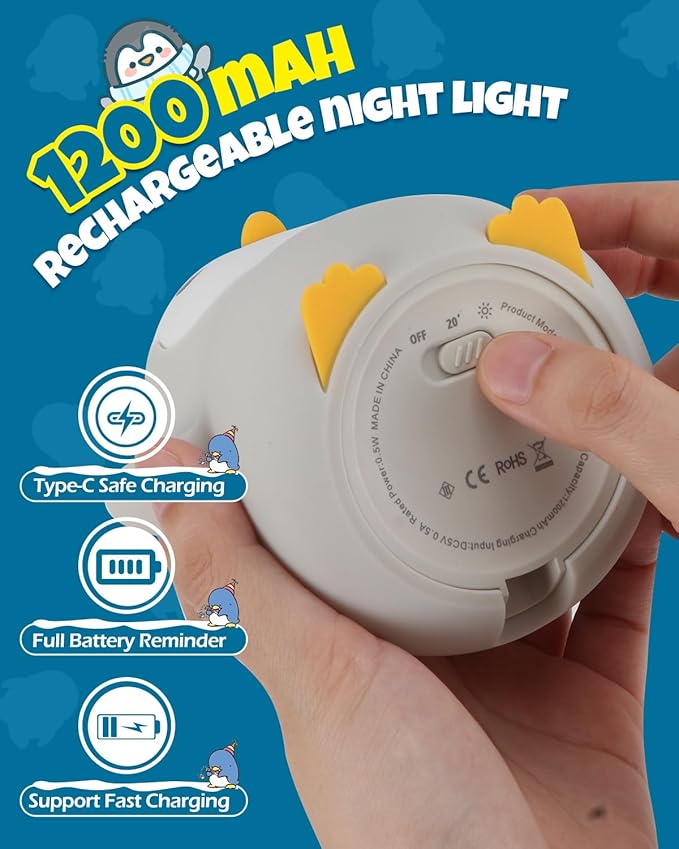 Cute Happy Penguin Night Light, Animal Lamp, Food Grade Silicone, Rechargeable, 2 Level Dimmable, Squishy Nursery Nightlight for Desk Decor, Funny Gifts Stuff for Boys Girls Baby, White Elephant Gifts - Bloomnest
