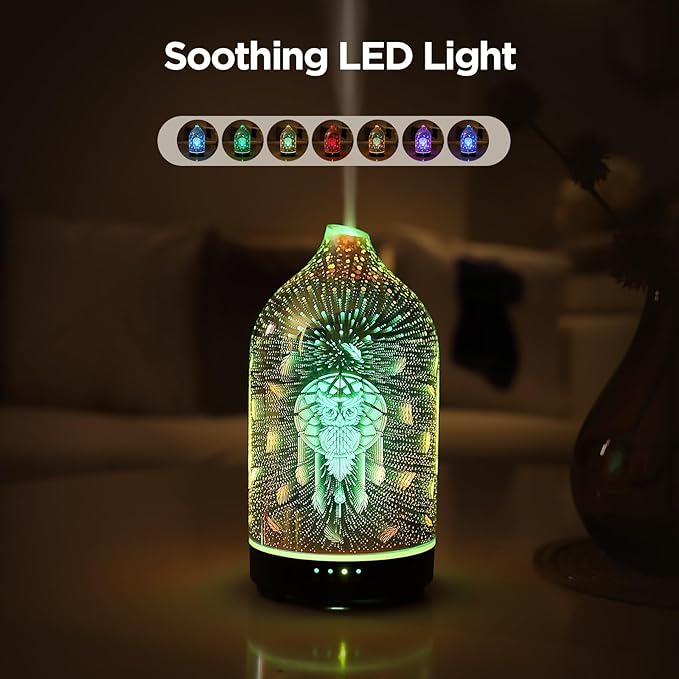 3D Glass owl Aromatherapy Diffuser 160ml ultrasonic Cool Mist Scent Aroma Essential Oil Diffuser Humidifier with Intermittent Mist & LED 7 Colorful Changing Night Light for Bedroom Home inrorans