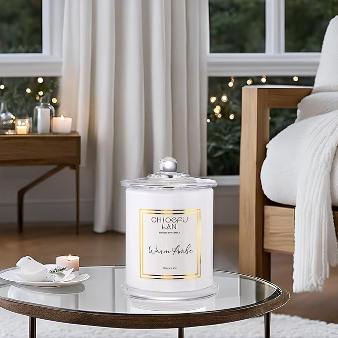 Chloefu LAN Warm Amber Candle, Scented Candles Gifts for Women & Men, Amber Oil, Cotton Wick, Natural Soy Wax for Clean Burning, Luxury Home Decor, Non-Toxic, Glass Jar Candle, 70 Hour Burn, 10 oz - Bloomnest