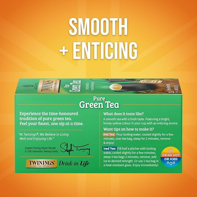 Twinings Pure Green Tea Individually Wrapped Bags, 25 Count (Pack of 6), Smooth Flavour, Enticing Aroma, Caffeinated, Enjoy Hot or Iced, 150 Teabags - Bloomnest
