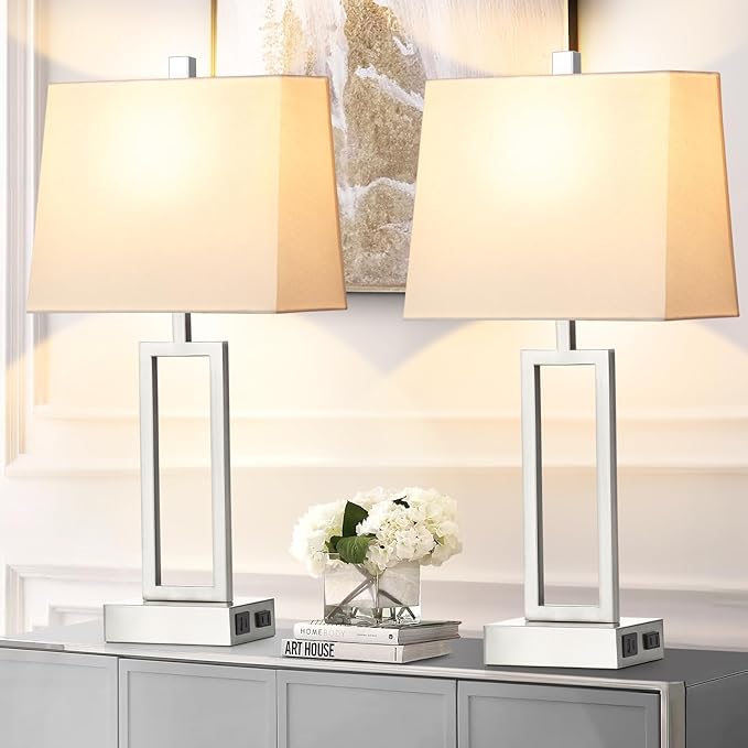 Touch Control Table Lamps for Living Room, 3-Way Dimmable Modern Table Lamp with USB A+C Charging Ports & AC Outlets, Bedside Contemporary Nightstand Desk Lamps with Fabric White Shade for Bedrooms - Bloomnest