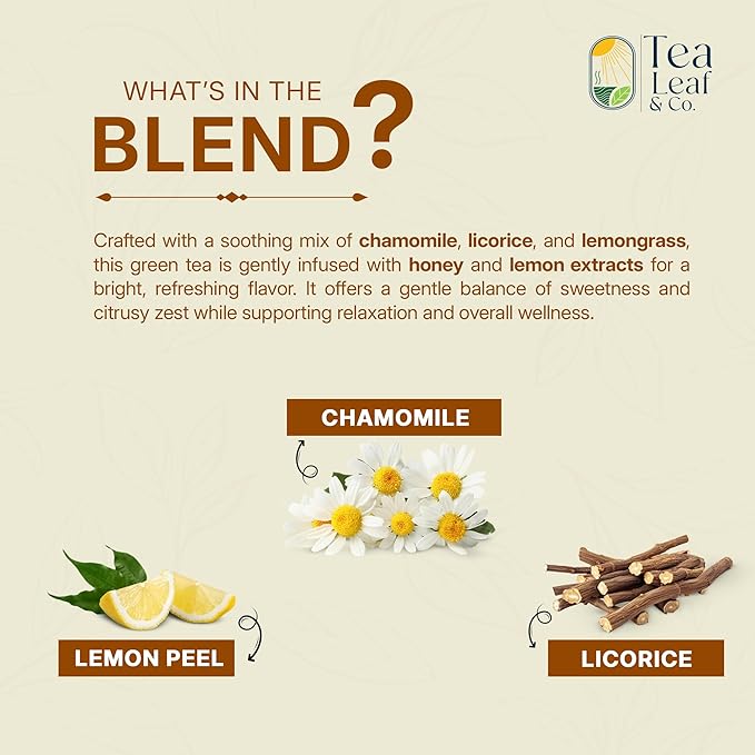 Tealeaf & Co. Honey Lemon Green Tea with Lemon & Honey Extract, Lemongrass, Licorice & Chamomile - Organic Green Tea Bags with Fresh Herbs and Spices - 100 Teabags (7.055oz/200gm) - Bloomnest