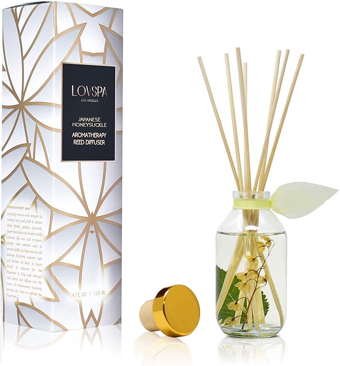LOVSPA Reed Diffuser Set, Japanese Honeysuckle Scented Oil Diffuser with Sticks, Home Fragrance Accessories for Bathroom Shelf Decor, Aroma Diffusers for Home or Office Desk, USA Made