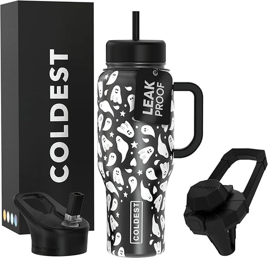 Coldest Tumbler with Handle and Straw - 100% Leak Proof Insulated Tumbler with Lid and Straw (3 Lids) - Stainless Steel Tumblers for Women & Men - Cup Holder Friendly Base, 36 oz (Ghosts) - Bloomnest