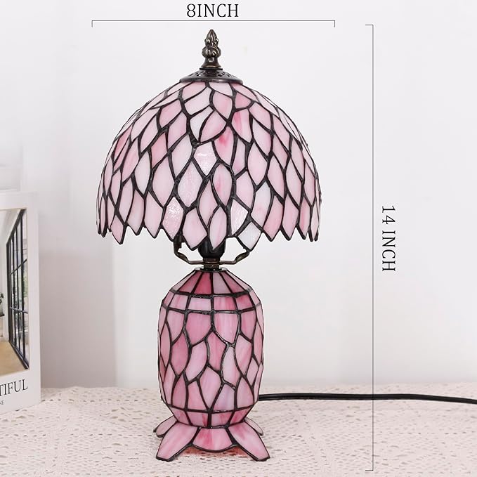 Small Tiffany Lamp Stained Glass Table Lamp Mini Mother Daughter Vase Desk Accent Night Light for Bedroom Bedside Reading Home Antique Style 8X14 Inches (Pink Wisteria) - Bloomnest