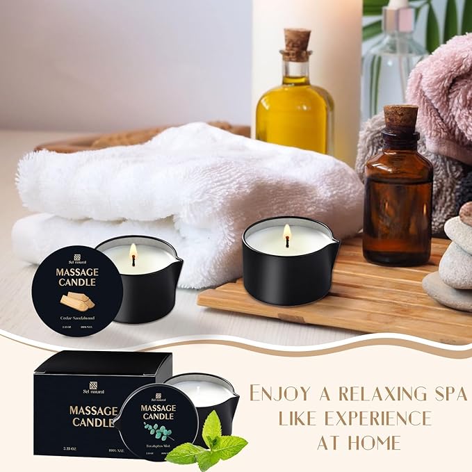 3 Pack Massage Oil Candles 2.35oz Low Temp Massage Candles 3 Scent Spa Therapy Body Oil Home Gift for Relaxation, Couples, or Self-Care (2.35 oz, Eucalyptus Mint, Cedar Sandalwood, Caramel Whisky) - Bloomnest