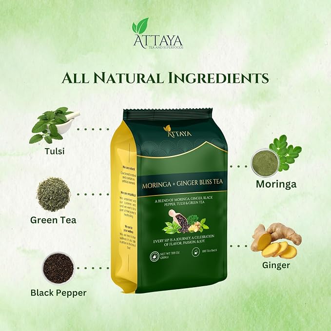 Attaya Moringa Ginger Bliss Tea – 100 Pyramid Bags | Antioxidant Superblend for Energy, Metabolism & Immunity | Moringa • Ginger • Tulsi • Black Pepper • Green Tea - Bloomnest