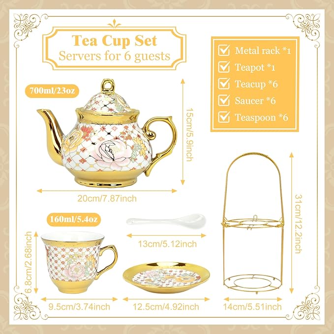 20 Pcs Porcelain Tea Set with Metal Holder, Adult Tea Sets Gift, European Ceramic Tea Set for Adults, Flower Tea Cup Saucer Set for Party With Gold Flower Painting (Classic Gold) - Bloomnest