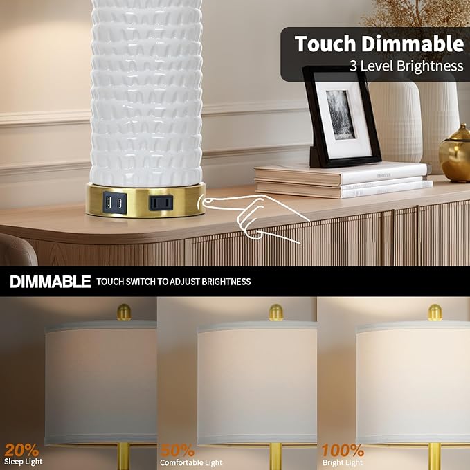 26" White Table Lamps for Living Room Set of 2, Ceramic Bedroom Lamps for Nightstands, Modern Bedside Lamps for Bedroom Living Room, Nightstand Lamps for End Table, Hallway, Gold and White - Bloomnest