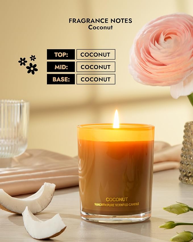 96NORTH | Pure Coconut Candle | 100% Natural Soy Wax | One Wick Jar Candle | Natural Fragrance Technology | Non Toxic | Up to 35 Hours Burning Time | Aromatherapy Gift for Men and Women - Bloomnest