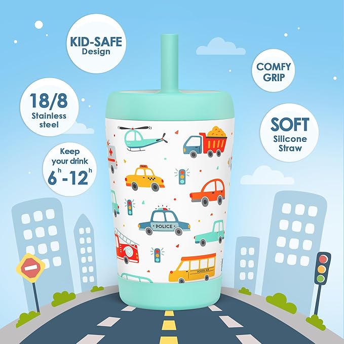 Kid Insulated Stainless Steel Tumbler with Silicone Straw, 12oz Sippy Cup for Kids (Transportation) - Bloomnest