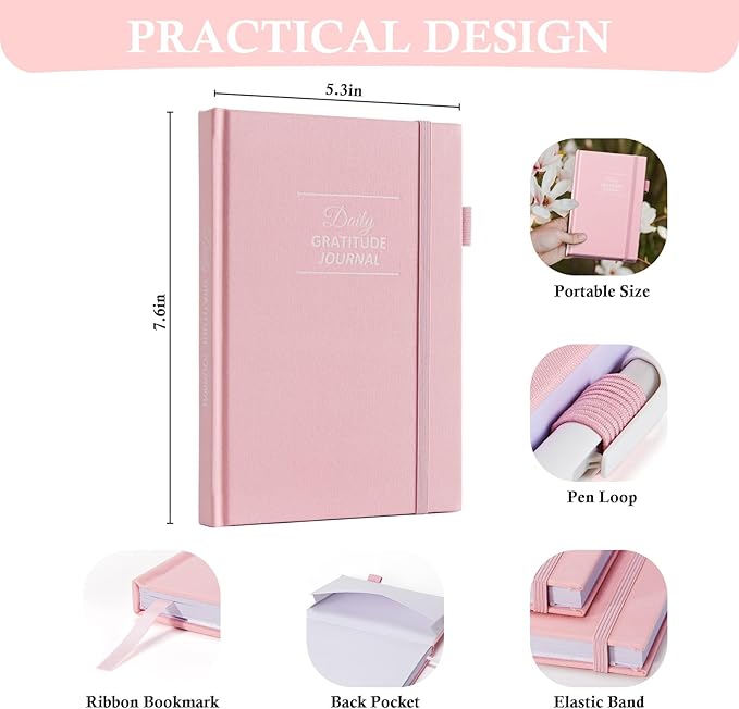 Gratitude Journal with 4 Inspirational Stickers: Undated Daily Gratitude Journal for Women and Men - More Happiness, Affirmation, and Mindfulness in A Few Minutes with Prompts & Quotes (Pink) - Bloomnest