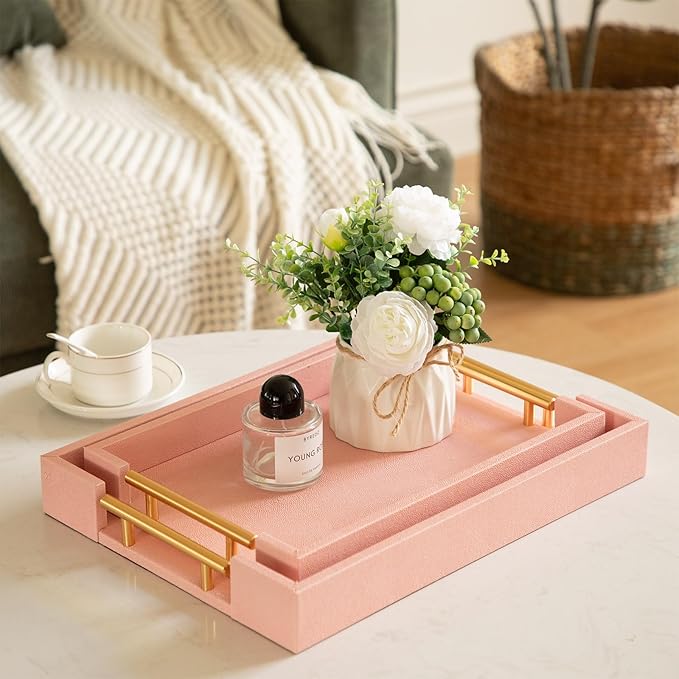 Modern Elegant Pink Faux Shagreen Leather Tray, Set of 2 Rectangle Serving Trays with Gold Polished Metal Handles, Ottoman Tray Coffee Table Perfume Kitchen Trays Home Decor - Bloomnest