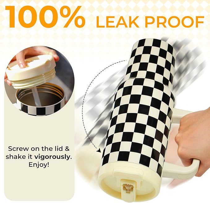ProTour 100% Leakproof 40 oz Tumbler with Handle & 4-in-1 SipSwig Lid | Built-In Flip Straw & External Stainless Steel Straw | Insulated Stainless Steel Cup | BPA-Free | Black & White Checkered - Bloomnest