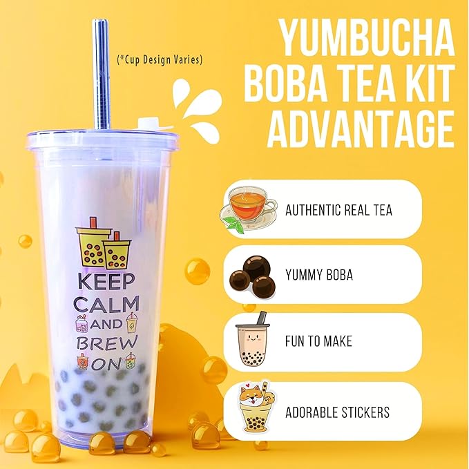 YUMBUCHA Instant Boba Making Kit - A Complete Set for Boba Tea Lovers - 30 Drinks, Reusable Cup & Straw, Tapioca Pearls, and Loose Leaf Teabags - White Peach Oolong, Jasmine Green, Classic Black - Bloomnest