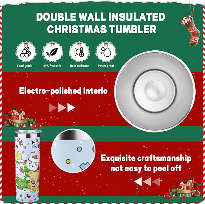 20oz Christmas Skinny Tumbler with Lid and Straw,Stainless Steel Vacuum Insulated Tumbler Cup Double Wall Travel Coffee Mug Christmas Gifts for Women Men (Santa Claus Bear,1)