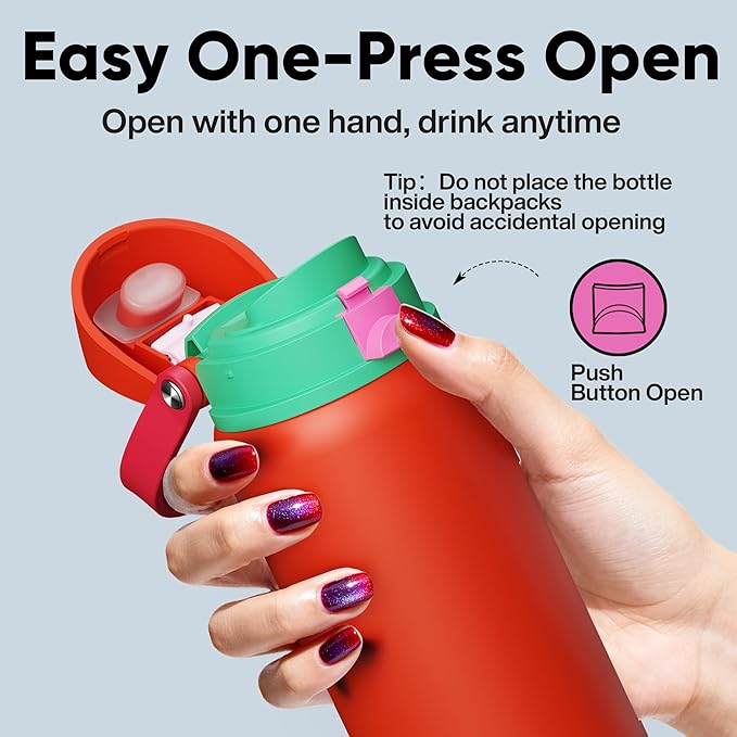 Insulated Water Bottle with Straw - Encool Stainless Steel Water Bottle with Push Button Lid, Leak-Proof & BPA-Free, Keeps Cold for 24 Hours for Sports, Travel, Gym (32 oz, Grapefruit Red) ENCOOL