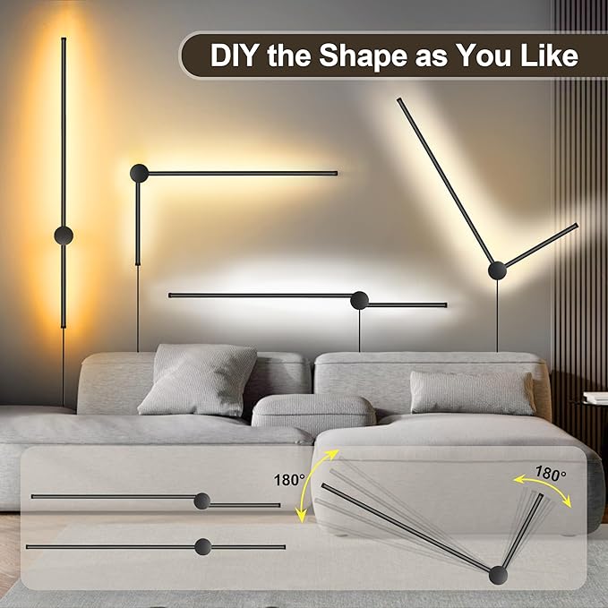 Wall Sconces Set of Two with Remote, Stepless Colors 3000K-6500K & Stepless Dimming, Hardwire or Plug-in, 180° Rotate, LED Black Plug in Wall Sconces with Timer & Night Light, 39.4 Inches - Bloomnest