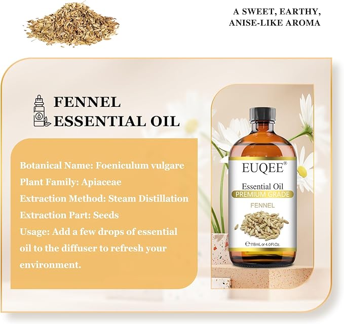 EUQEE Fennel Essential Oil 4Fl.Oz Pure Fennel Oil with Glass Dropper for Skin, Aromatherapy, Diffuser, Soap Making, Candle Making - 118ml - Bloomnest