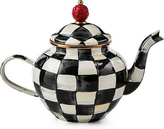 MACKENZIE-CHILDS Enamel Teapot, Cute Small Teapot with Lid, 4-Cup Capacity, Black-and-White Courtly Check - Bloomnest