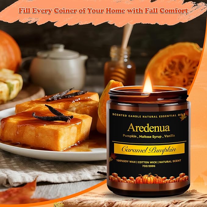 Fall Candles - Caramel Pumpkin Candle – Sweet Caramel & Spiced Pumpkin Scented Candle, Thanksgiving & Christmas Candles for Home, Cozy Winter Holiday Soy Candle Gift for Her & Him, 7oz - Bloomnest