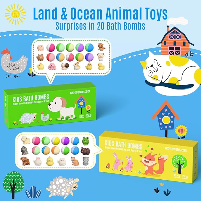 Bath Bombs for Kids with Toys Inside, 20 Kids Bath Bombs with Animal Toys Inside, Skin-Friendly, Non Toxic, Handmade Organic Natural Bubble Bath Fizzies, Birthday Gifts for Girls Boys - Bloomnest