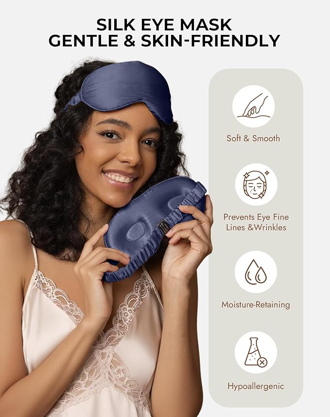 SilkSilky 100% 22 Momme Mulberry Silk Sleep Mask – Upgraded 3D Contoured Eye Mask with Nose Wing Pads & Adjustable Strap, Luxury Blackout Eye Cover for Women & Men (Dark Blue) - Bloomnest