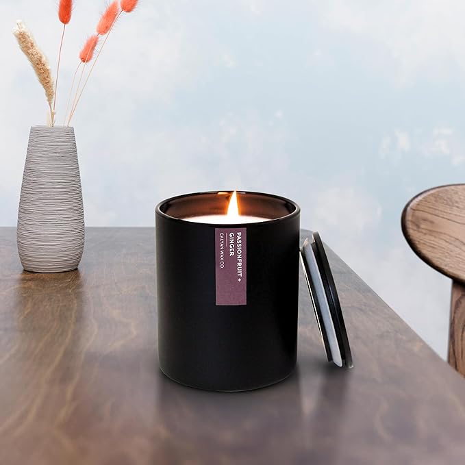 Calyan Wax Co. Passionfruit & Ginger Scented Candle - 75 Hour Burn - Luxury Non Toxic Soy Wax Candles - Long Lasting Black Tumbler Jar Candle for Home - 10.2oz - Bloomnest
