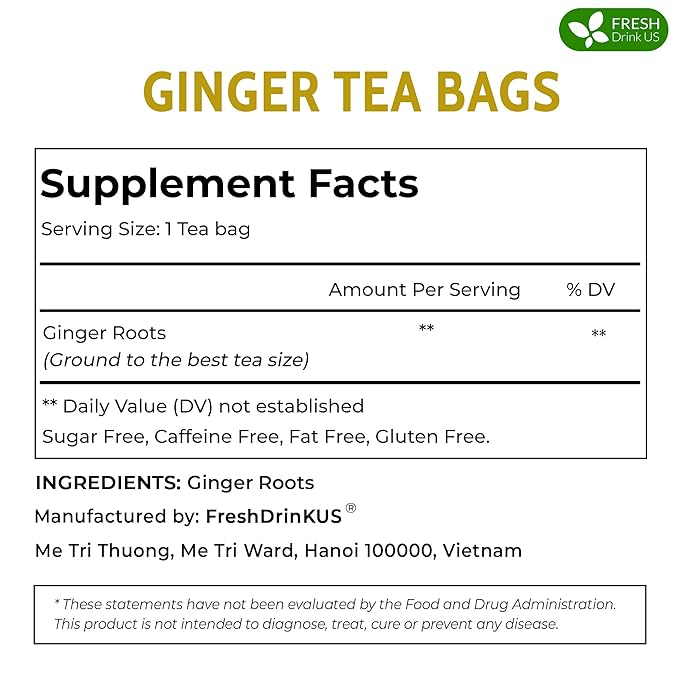 FreshDrinkUS, 150 Premium Ginger Tea Bags, Non GMO, 100% Natural & Pure from Ginger Root, Root Herbal Tea. No Sugar, No Caffeine, No Gluten, Vegan. Support Stronger Digestion, Pleasantly Spicy & Warming - Bloomnest