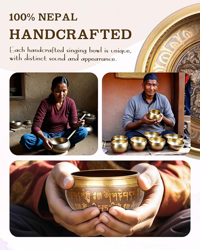 Tibetan Singing Bowls, Authentic Meditation Sound Bowls Handcrafted in Nepal for Yoga, Chakra Healing, Mindfulness, Self Care Spiritual Gifts for Women