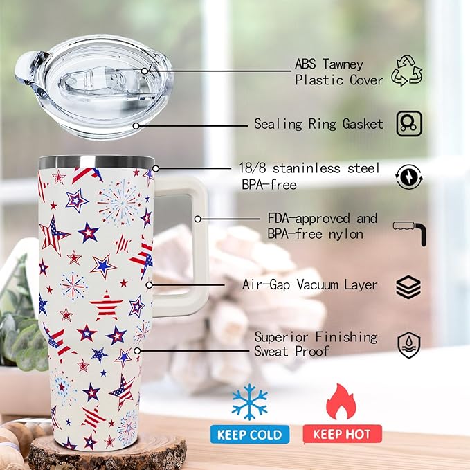 Ceovfoi 40 Oz 4th of July Tumbler With Handle and Straw,Patriotic Coffee Travel Mug Cup Water Bottle,American Flag Decor,Patriotic Military Gifts For Veterans, Police - Bloomnest