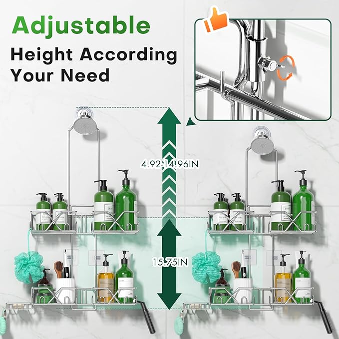 Stainless Steel Shower Caddy Hanging for Handheld Shower Heads,Rustproof Hose Shower Organizer Adjustable Length Shower Rack with 24 Hooks,Razor Holder,Soap Holder - Bloomnest
